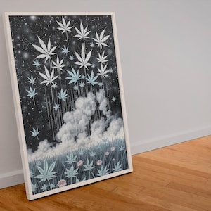 Lucid Dream Cannabis Art Print, 420 Dream Poster, Kosmische Cannabisblätter Wanddekor, Trippy Stoner Art, Mattes Poster, Poster mit seidenglanz