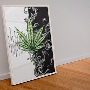 Arte de fumetas de doble dimensión, arte de cannabis, impresión de humo celestial, póster 420 Yin Yang, decoración minimalista, diseño cósmico, mate, semibrillante