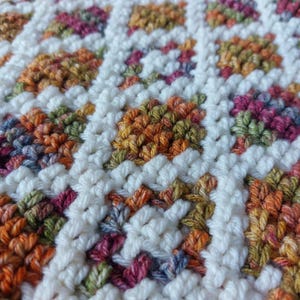 Puede incluir: Primer plano de una manta de ganchillo con un patr&oacute;n floral repetitivo. Las flores son en tonos naranja, rosa, verde y morado, sobre un fondo blanco. La textura es suave y acogedora, ideal para la decoraci&oacute;n del hogar.