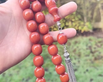 Grote oude eivorm oranje bakeliet Duitse formule kersen amberkralen, Tesbih, Tasbih, Misbaha, Tasbeeh, bidkralen, My Father-collectie n78