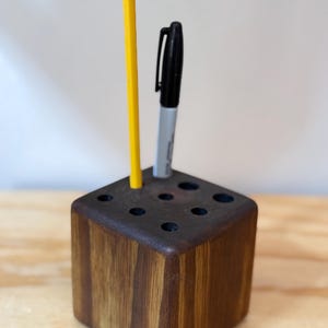 Handcrafted Wood Pen Holder – 3.5x3.5 Solid Block Pencil Organizer, Desk Accessory, Rustic Office Decor