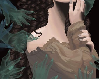 Gothic Art Print - Dark Fantasy Art  - Gothic Woman Surrounded by Ghostly Hands - Spooky Wall Decor - Creepy Illustration - Victorian - 5x7