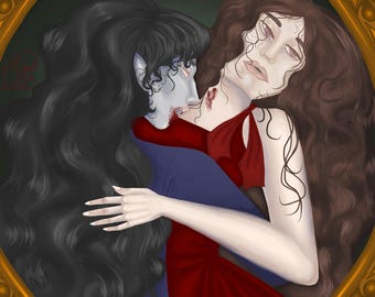 Vampire Art Print - Gothic Romantic Illustration of Vampiric Embrace - Dark Fantasy Wall Decor - Spooky Halloween Artwork Gift - 8x10