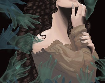 Gothic Art Print - Dark Fantasy Art  - Gothic Woman Surrounded by Ghostly Hands - Spooky Wall Decor - Creepy Illustration - Victorian - 8x10