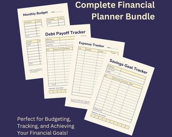 Könnte beinhalten: Ein Satz von vier druckbaren Finanzplanungs-Arbeitsblättern: Monatliches Budget, Schuldenrückzahlungs-Tracker, Ausgaben-Tracker und Sparziel-Tracker. Die Arbeitsblätter sollen Ihnen helfen, Ihre Finanzen zu verwalten und Ihre finanziellen Ziele zu erreichen.