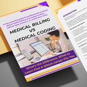 Puede incluir: Una guía titulada "Medical Billing vs. Medical Coding" con el texto "What's the Difference, What to Learn First & Which Career Fits You." La portada presenta a una persona trabajando en una computadora portátil. El fondo es amarillo.