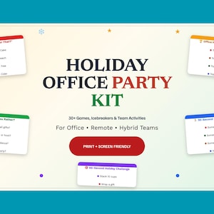 Könnte beinhalten: Ein Holiday Office Party Kit mit über 30 Spielen, Eisbrechern und Teamaktivitäten für Büro-, Remote- und Hybrid-Teams. Das Set enthält fünf Spielkarten mit Titeln wie Holiday This or That und Office Holiday Family Feud.