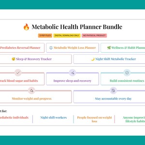 Peut inclure: Un téléchargement numérique intitulé "Metabolic Health Planner Bundle" avec des sections pour le suivi de la glycémie, du sommeil et de la perte de poids. Le planificateur comprend un plan d'inversion du prédiabète, un plan de perte de poids et un plan de bien-être et d'habitudes.