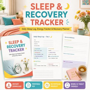 May include: A Sleep & Recovery Tracker planner featuring a daily sleep log, energy tracker, and recovery reflection pages. The cover displays a clock, flowers, and text. Interior pages include fields for sleep quality, mood, stress, and notes.