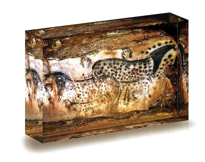 Giclee print of Prehistoric Cave Art displayed in an acrylic block