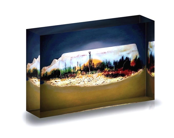 Print of Museum grade Landscape Agate displayed in an acrylic block