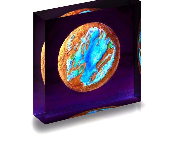 Print of hand-drawn Boulder Opal displayed acrylic block.