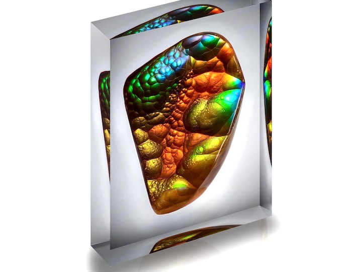 Giclee print of Fire Agate displayed in acrylic block