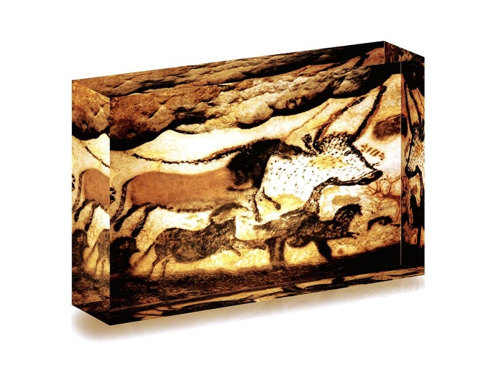 Giclee Print featuring prehistoric painting from Lascaux Cave displayed in acrylic block