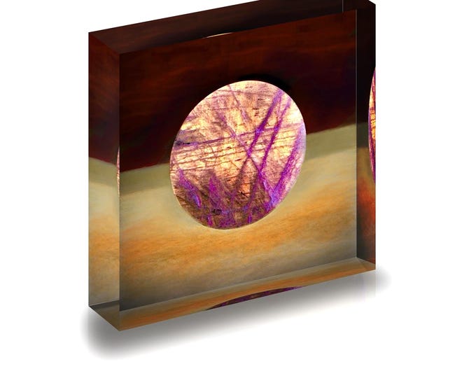 Print of Purple Labradorite Cabochon from Madagascar displayed in acrylic block.