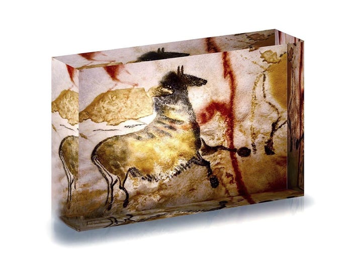 Prehistoric Lascaux Cave Painting turned into print displayed in acrylic block