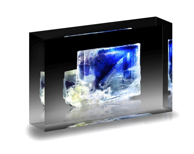 Print of Blue Halite from Germany displayed in an acrylic block.