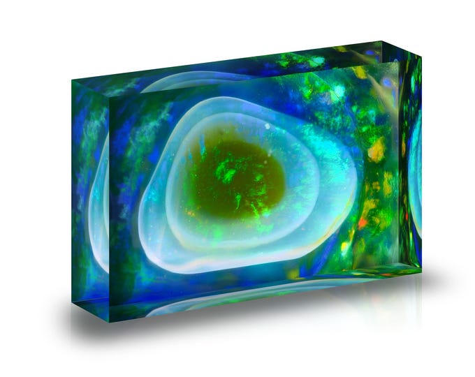 Print of Ethiopian Opal detail displayed in acrylic block