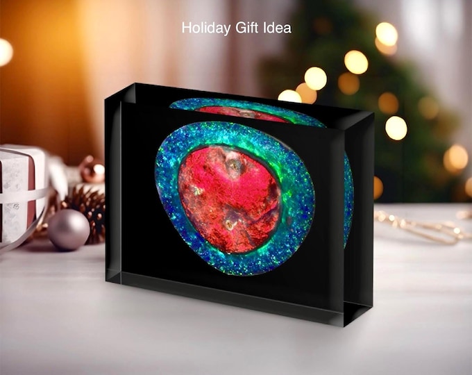 Giclee print of “Flame Queen” Opal displayed in acrylic block