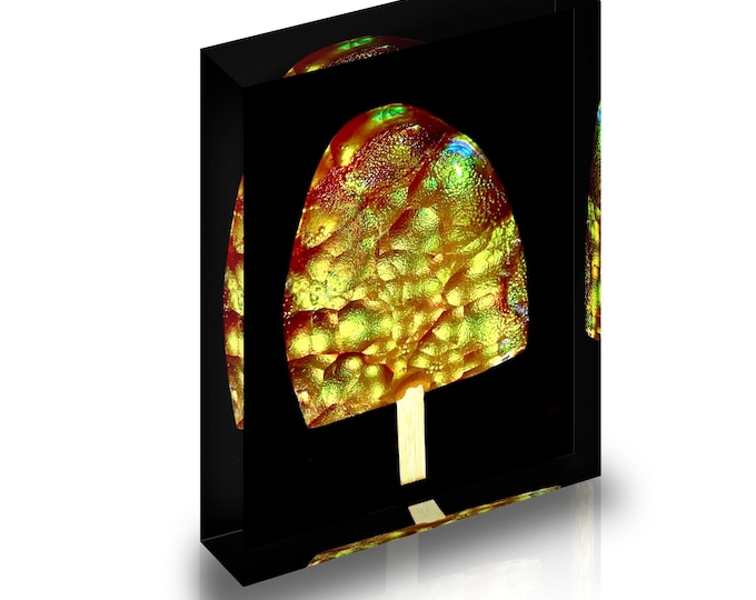 Print of Fire Agate from the Smithsonian Museum of Natural History displayed in acrylic block.