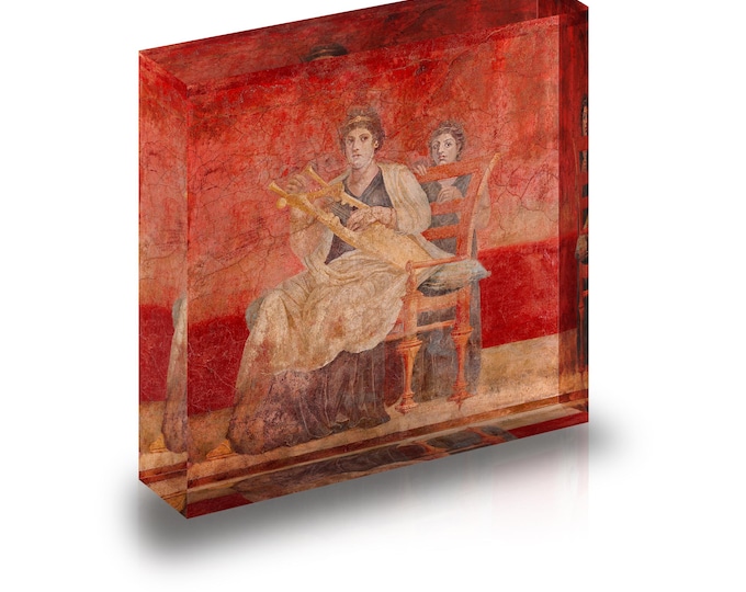 Giclee print of ancient fresco from Pompeii, Italy, displayed in an acrylic block