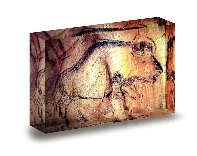 Giclee print of prehistoric art displayed in acrylic block