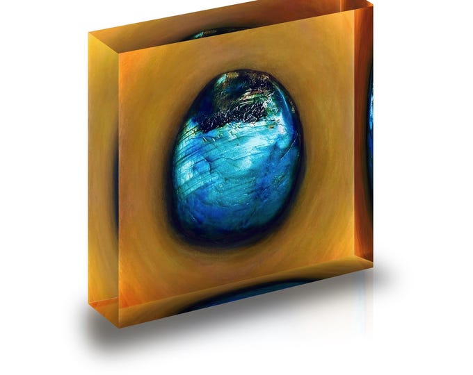 Print of Labradorite displayed in acrylic block.