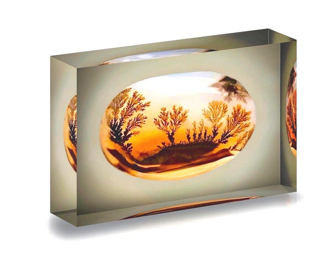 Giclee print of Dendritic Agate cabochon displayed in acrylic block