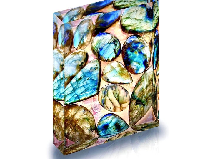 Print of Labradorite Cabochons for display in acrylic block.