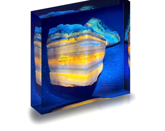 Giclee print of Fluorescent Opal displayed in acrylic block