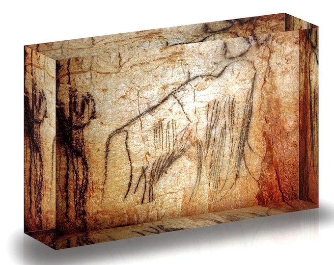Giclee print of Woolly Mammoth painting in cave displayed in acrylic block