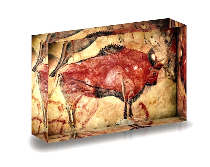 Giclee print of prehistoric cave painting of bison displayed in acrylic block.