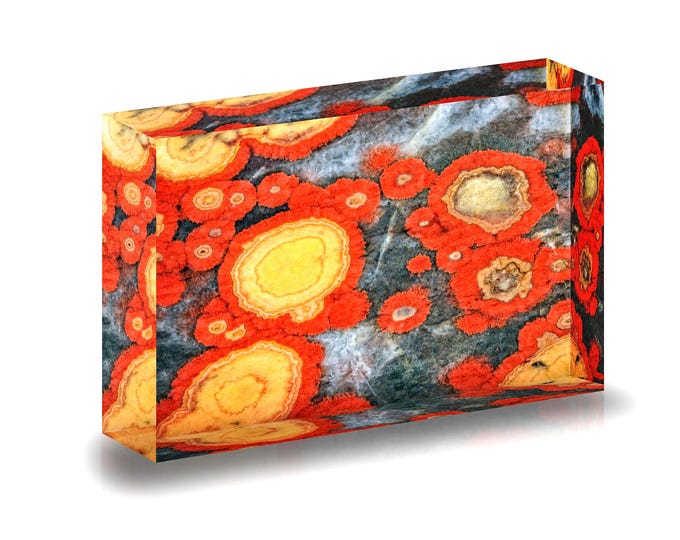 Giclee Print of Morgan Hill Poppy Jasper displayed in an acrylic block.