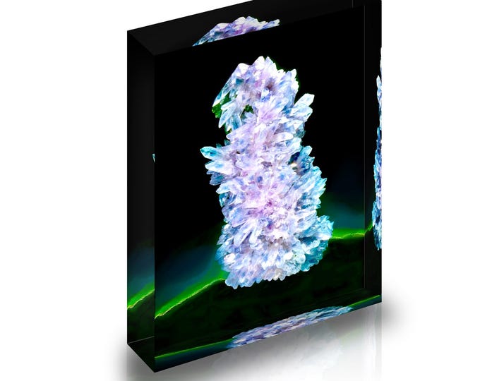 Print of the mineral Creedite from Smithsonian Museum displayed in acrylic block.