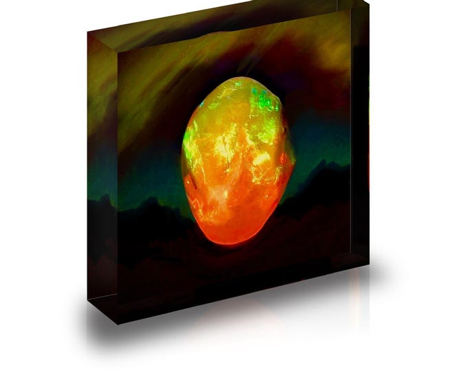 Print of Mexican Fire Opal from Smithsonian Museum displayed in acrylic block.
