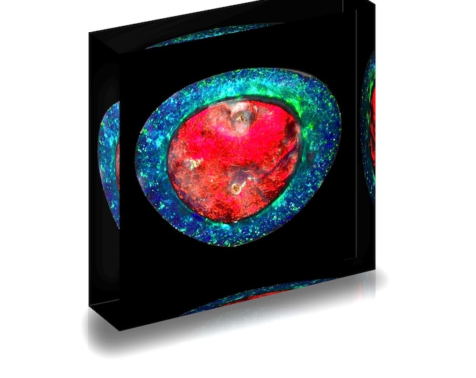 Giclee print of “Flame Queen” Opal displayed in acrylic block