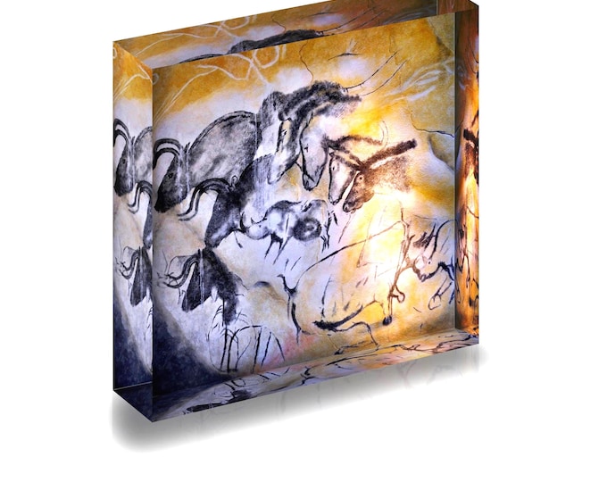Giclee print of prehistoric Chauvet Cave paintings displayed in acrylic block