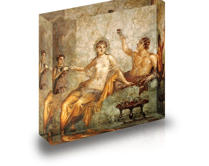 Giclee print in acrylic block of Roman Fresco depicting banqueting scene from Herculaneum, Italy