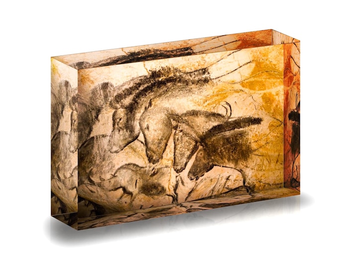 Print of Prehistoric Horses Panel, Chauvet Cave, France, displayed in an acrylic block.