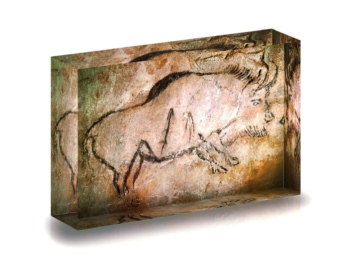 Giclee print of bison in prehistoric cave painting displayed in acrylic block.
