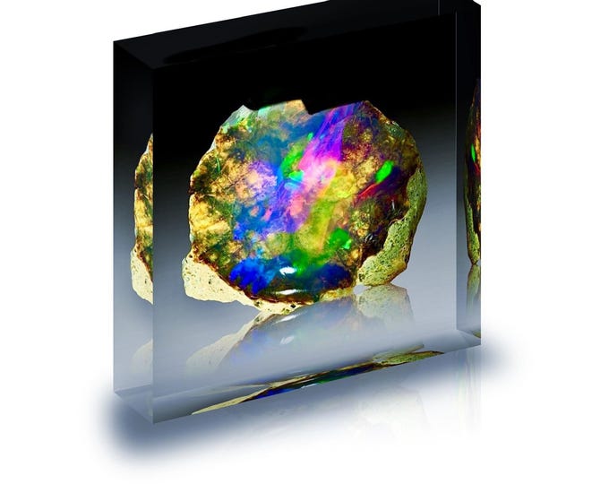Fine art Print of Ethiopian Opal displayed in acrylic block.