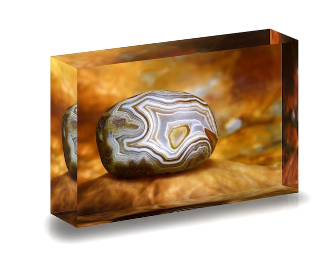 Print of Chinese Rain Flower Agate displayed in an acrylic block