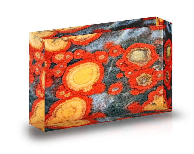 Print of Morgan Hill Poppy Jasper displayed in an acrylic block.