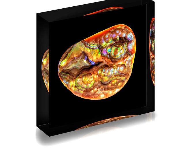 Giclee Print of Mexican Fire Agate displayed in an acrylic block