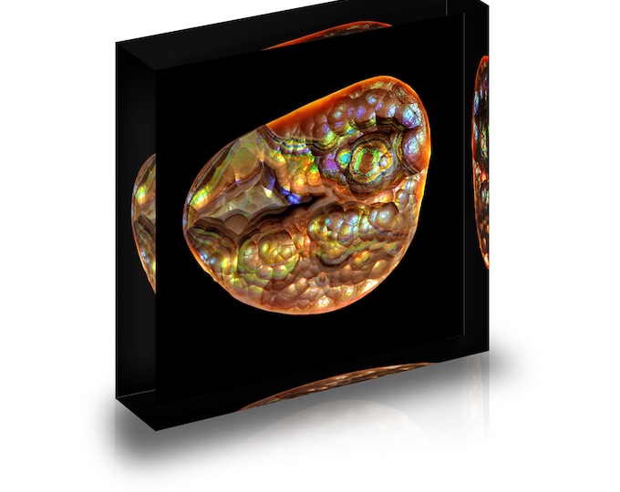 Print of Mexican Fire Agate displayed in an acrylic block