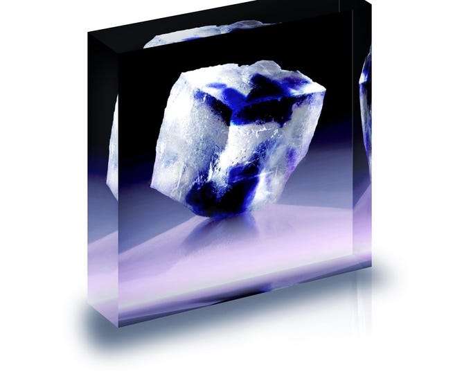 Print of Blue Halite or rock salt from Germany displayed in acrylic block.