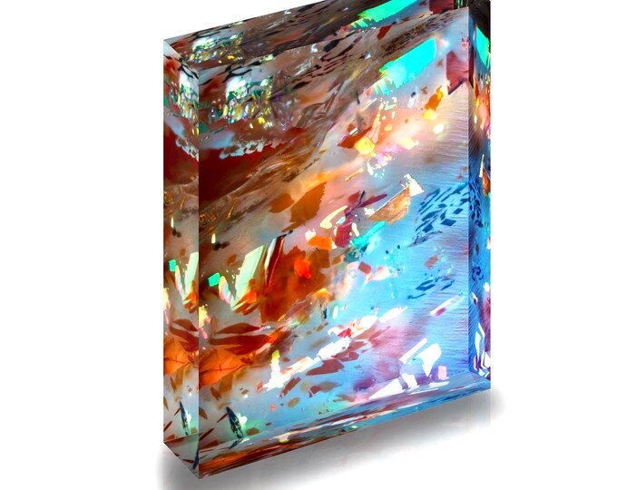 Giclee Print of crystals in the mineral Sunstone displayed in acrylic block.