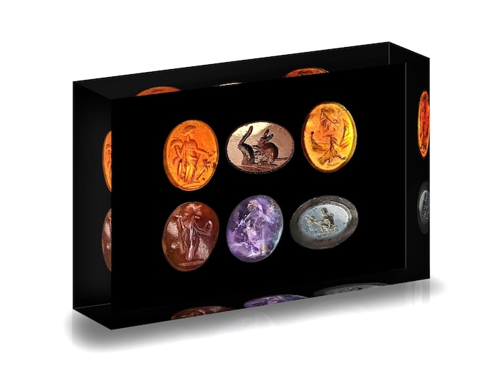 Giclee print of ancient Roman ring gemstones displayed in acrylic block