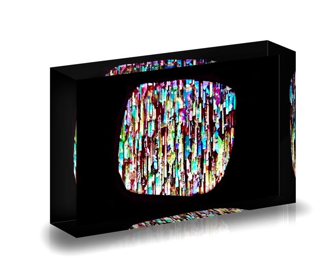 Giclee Print of Meteor Shower Rainbow Sunstone displayed in acrylic block