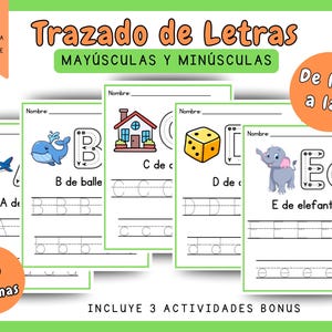 Puede incluir: Conjunto de hojas de trabajo para trazar letras mayúsculas y minúsculas. Cada página presenta una letra con una ilustración y líneas de trazado. Incluye 26 páginas y actividades extra. Texto: "Trazado de Letras" y "De la A a la Z".